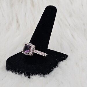 Lab Created Amethyst Square Silver Tone Simulated Diamonds Halo Cocktail Ring